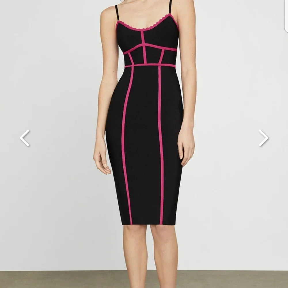 BCBGMaxAzria bodycon midi black/hot pink dress - NWT - size large - Picture 1 of 8